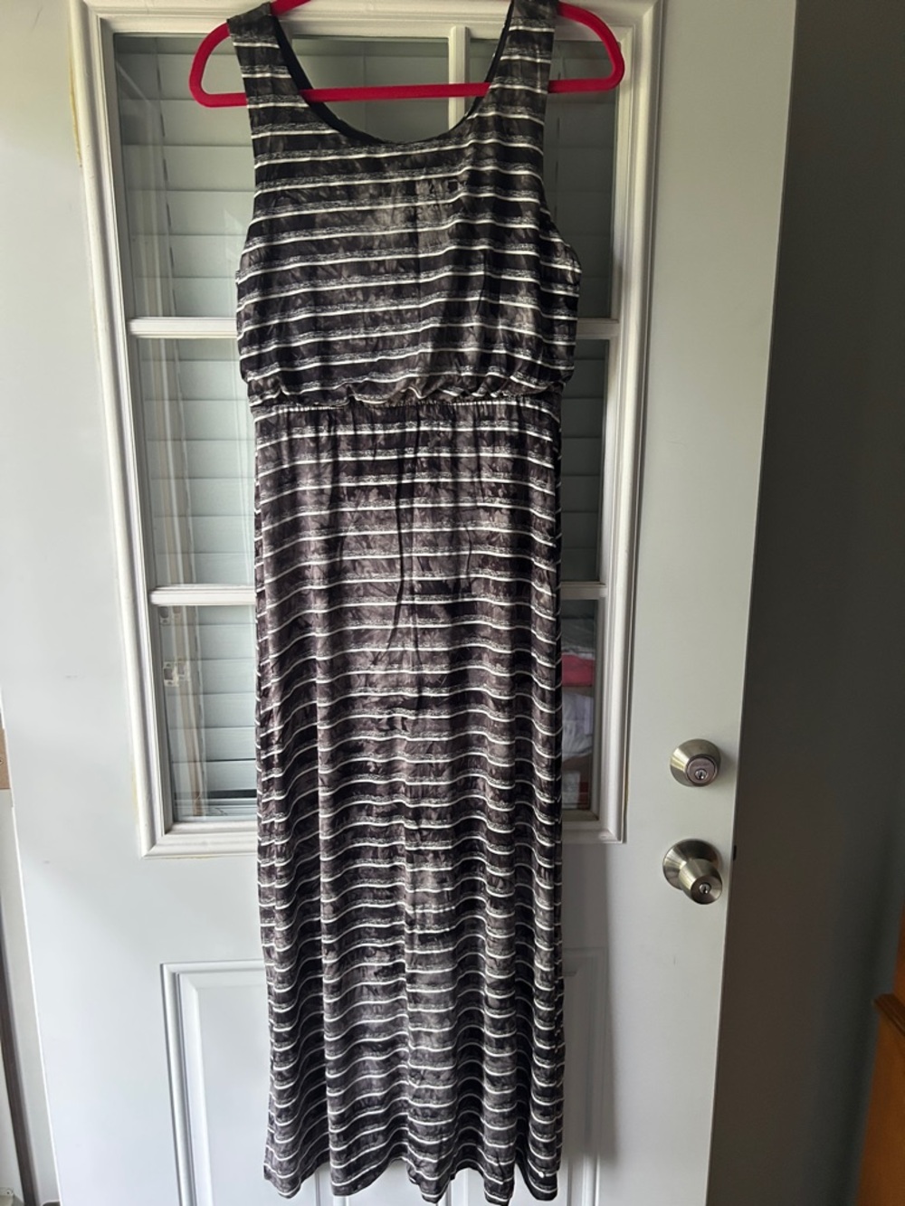 ONE WORLD Black, Grey, and White Striped Sleeveless Maxi Dress